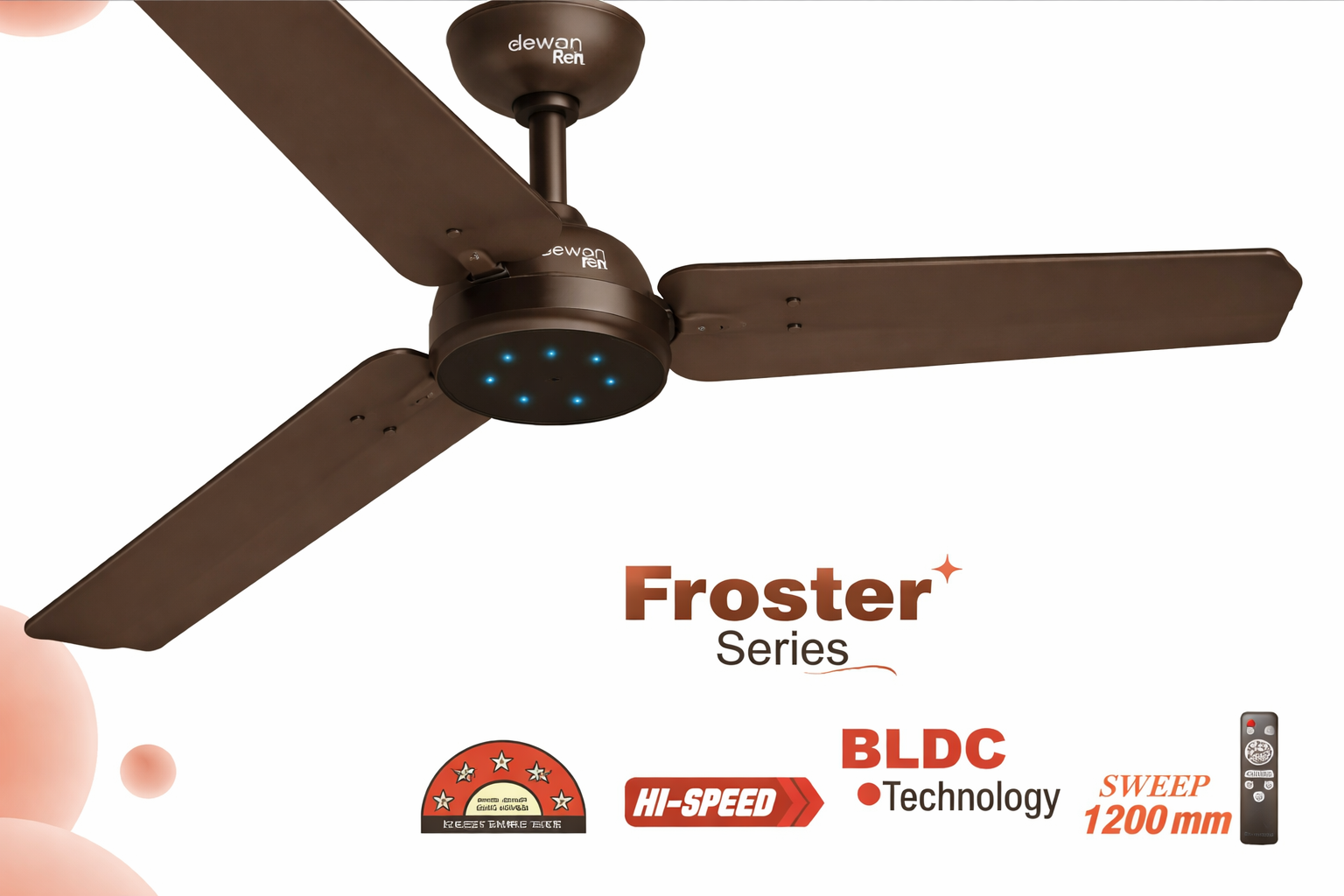 Dewon Froster 1200mm BLDC Ceiling Fan with Blink LED - Smoky Brown Finish | 30W